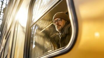 Pensive mature man looking out train window during sunset photo