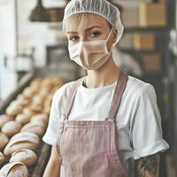 Baker wearing protective mask working in bakery with fresh bread photo