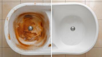 Cleaning rust stains in a bathtub, before and after comparison photo