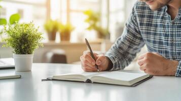 Freelancer writing notes in diary at home office desk photo