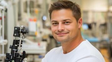 Portrait of a scientist smiling in a laboratory with scientific equipment photo