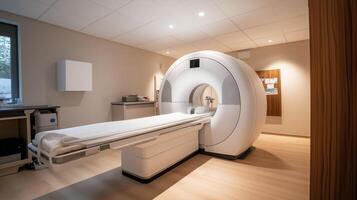 Modern MRI scanner machine in hospital room with empty bed awaiting patient photo