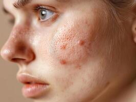 Young woman showing problematic skin with acne and rosacea photo