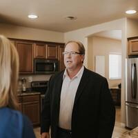 Realtor showing house to potential buyer in kitchen photo
