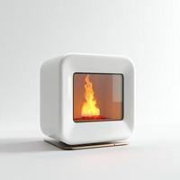 Modern white bioethanol fireplace burning with orange flame on white background photo