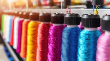 Embroidery machine working with colorful threads in a textile factory photo