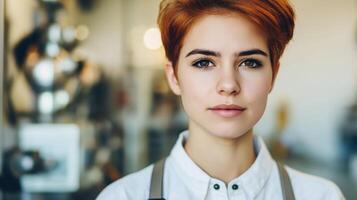 Young redhead waitress wearing apron and posing in cafe photo
