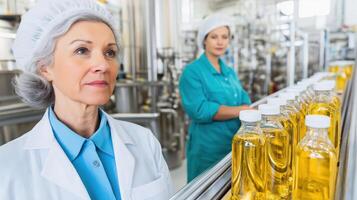 Food scientist supervising production line of bottled oil in factory photo