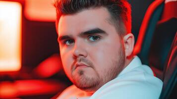 Gamer looking over shoulder in red light gaming room setup photo