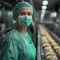 Baker wearing surgical mask working in food factory production line photo