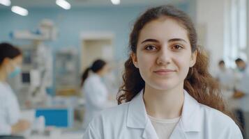 Portrait of pharmacist in pharmacy laboratory with colleagues working photo