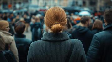 Woman standing in a crowd observing something photo