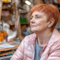 Portrait of a pensive senior craftswoman with short red hair, wearing a pink padded jacket, looking up with a thoughtful expression in her busy workshop photo