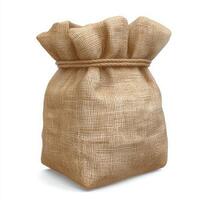 Burlap sack closed and tied with rope containing something, isolated on white background, representing storage, packaging, delivery or trade photo