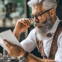 Elegant mature entrepreneur with white beard and glasses reading a document while sitting at a restaurant table photo