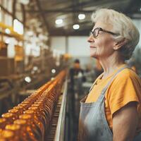 Elderly woman in uniform working at a beverage bottling factory, ensuring quality control on the conveyor belt photo