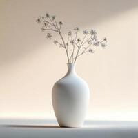 White vase holding delicate dried flowers casting shadows on a beige background photo