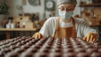 Pastry chef wearing mask and gloves arranging chocolate cookies on a tray photo