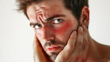 Young man suffering from erythrophobia, blushing and touching face photo