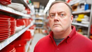 Serious shop assistant posing in a tableware store with red plates and bowls, concerned expression about sales and the retail environment photo