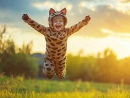 Happy child dressed in a playful cheetah costume, joyfully jumping in a vibrant meadow during sunset, embracing the feeling of freedom and pure happiness in the golden hour light photo