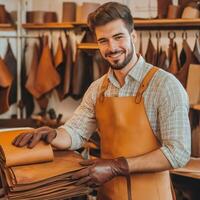 Shoemaker examining genuine leather in workshop photo