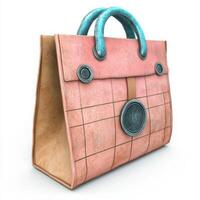 Pink leather handbag with turquoise handles standing on white background photo