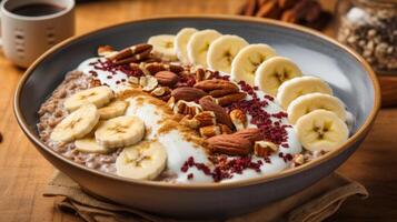 Banana, almond and pecan oatmeal bowl with yogurt and granola photo