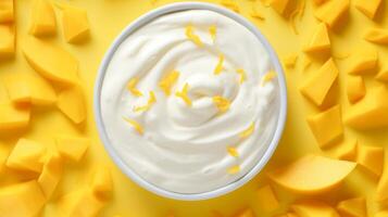 Yogurt with mango slices on yellow background photo
