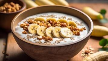 Banana and granola bowl with yogurt and granola on wooden background photo