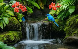 A bird's eye view of a Tanager perched on a stream of flowing water in a dense forest photo
