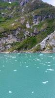 Floating ice in turquoise fjord near cliffs and forest in Patagonia video