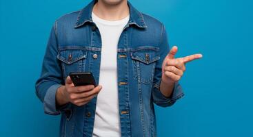 Man in denim jacket pointing to the future with a smartphone photo