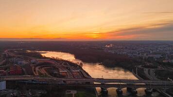 Sunset river view with bridges and skyline in Lyon, France video
