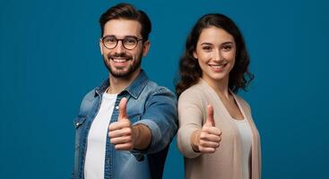 Happy Couple Giving a Thumbs Up Against a Blue Background photo