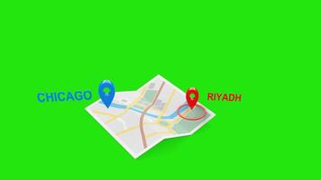 Chicago to Riyadh 3D Flight Animation with Airplane, Map, and Green Screen video