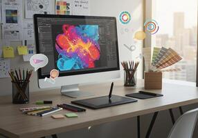 Creative Digital Marketing Designer workspace with computer and graphic design tools photo