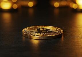 Bitcoin Coin Standing on Wooden Surface with Blurred Lights photo