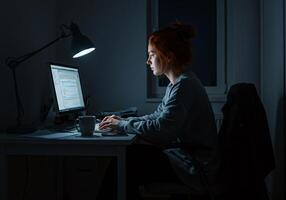 Woman Working Coding on Computer at Night photo