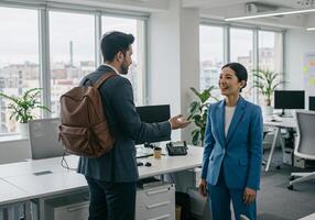 Two colleagues having a conversation in a modern office setting photo