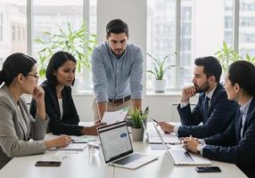 Business team collaborating during a presentation in a modern office setting. photo