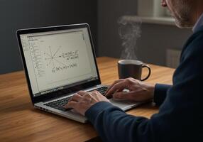 Man working on a laptop, displaying mathematical equations, with a coffee cup photo