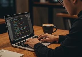 Programmer coding on a laptop at a cafe with a cup of coffee photo