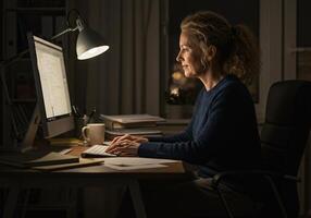 Woman Programming working late at her computer in a dimly lit room photo