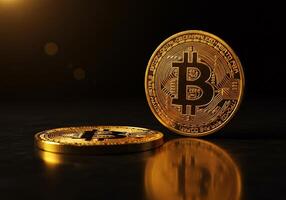 Golden Bitcoin Coin with Bokeh Lights in the Background photo