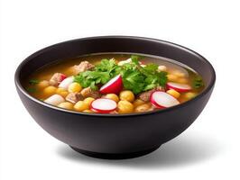 Chicken and chickpea soup with radishes and cilantro on a white background photo