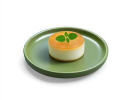 A cheesecake on a plate with a green leaf photo