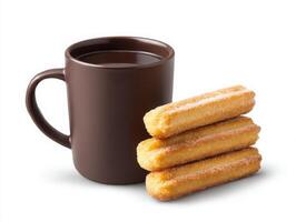 Churros and cup of coffee on white background photo