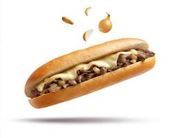 A philly cheesesteak sandwich with cheese and onions photo