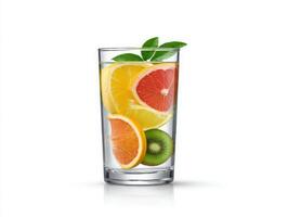 Fresh fruit juice in glass with lime, kiwi and orange slices photo